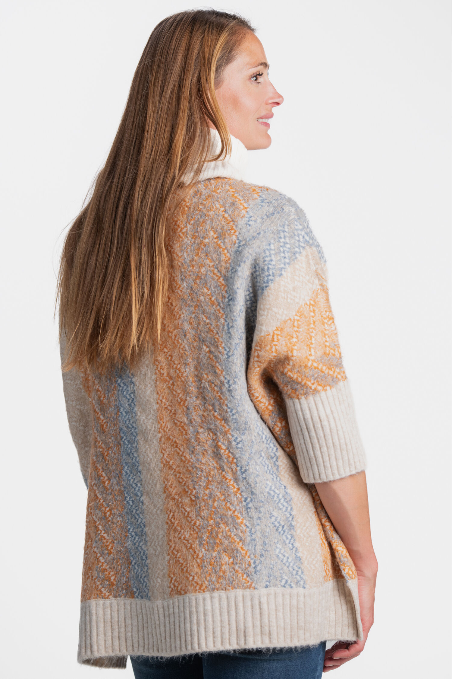 &frac34; Sleeve Cowl Neck Knit Poncho  Image 2