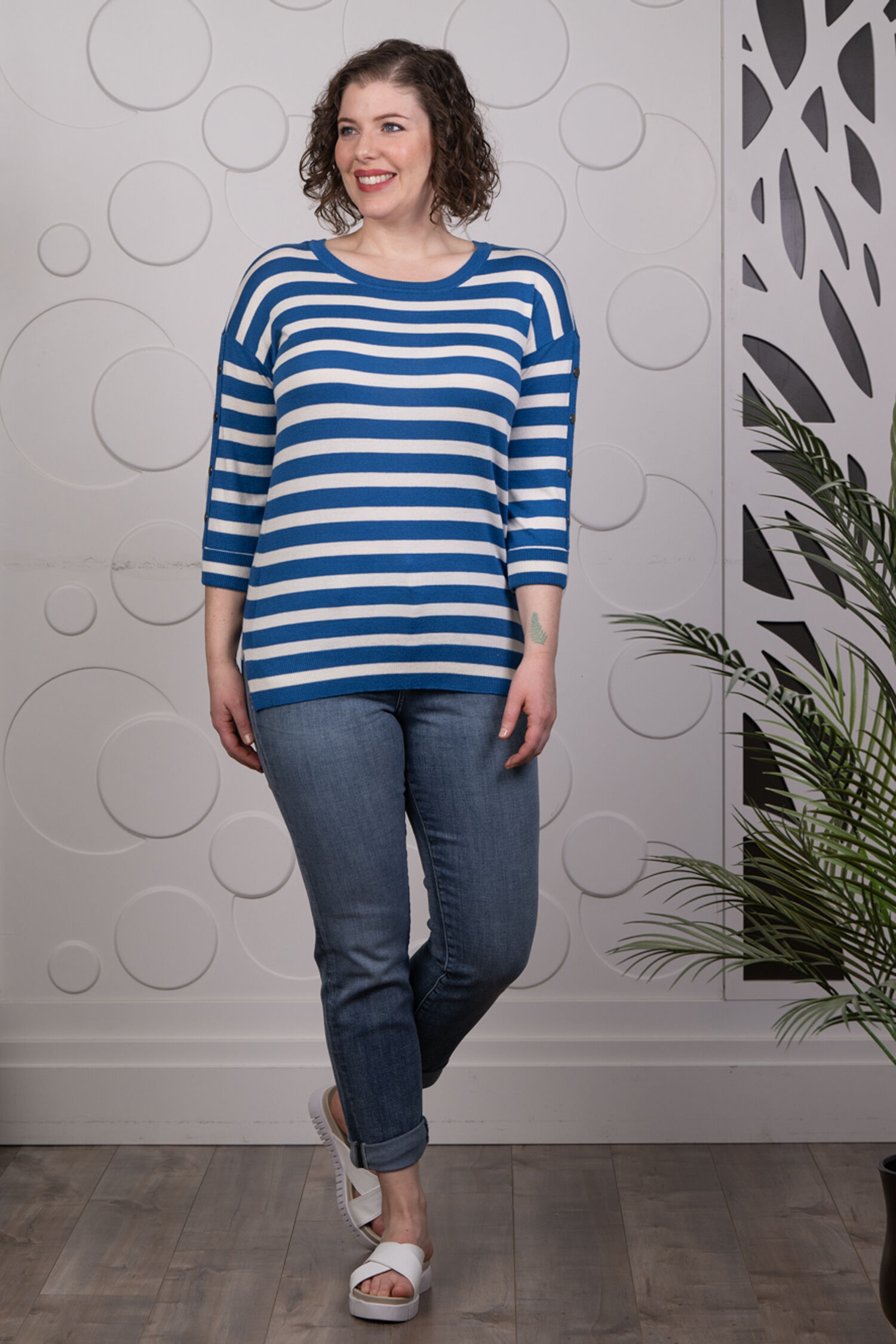 Striped Crewneck Top with Side Buttons Image 1