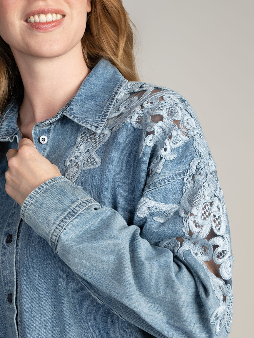 Lace Shoulder Denim Blouse