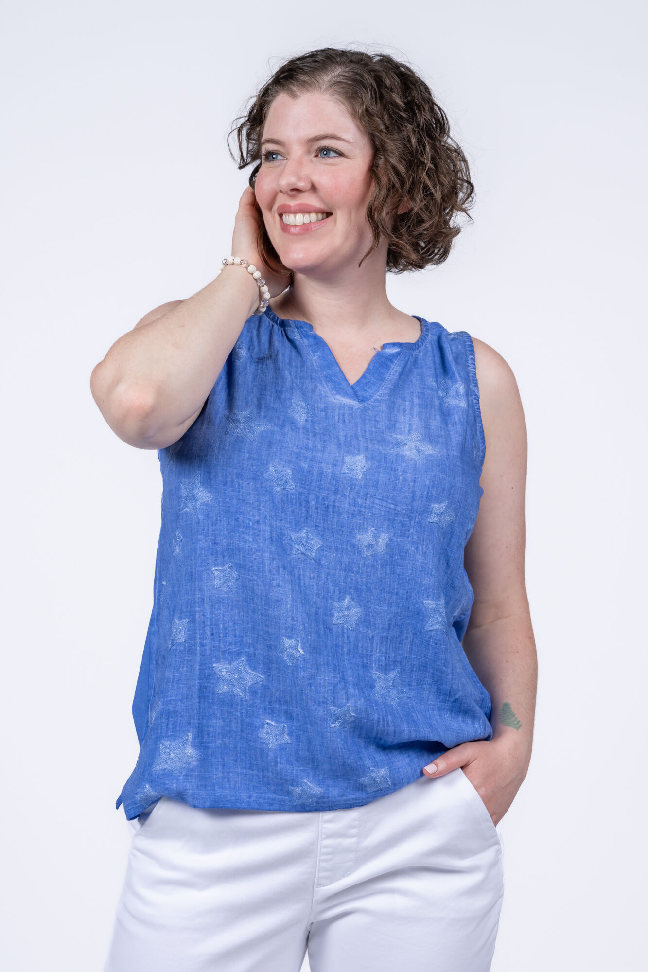 Linen Blend Sleeveless Top w/ Stars Image 1