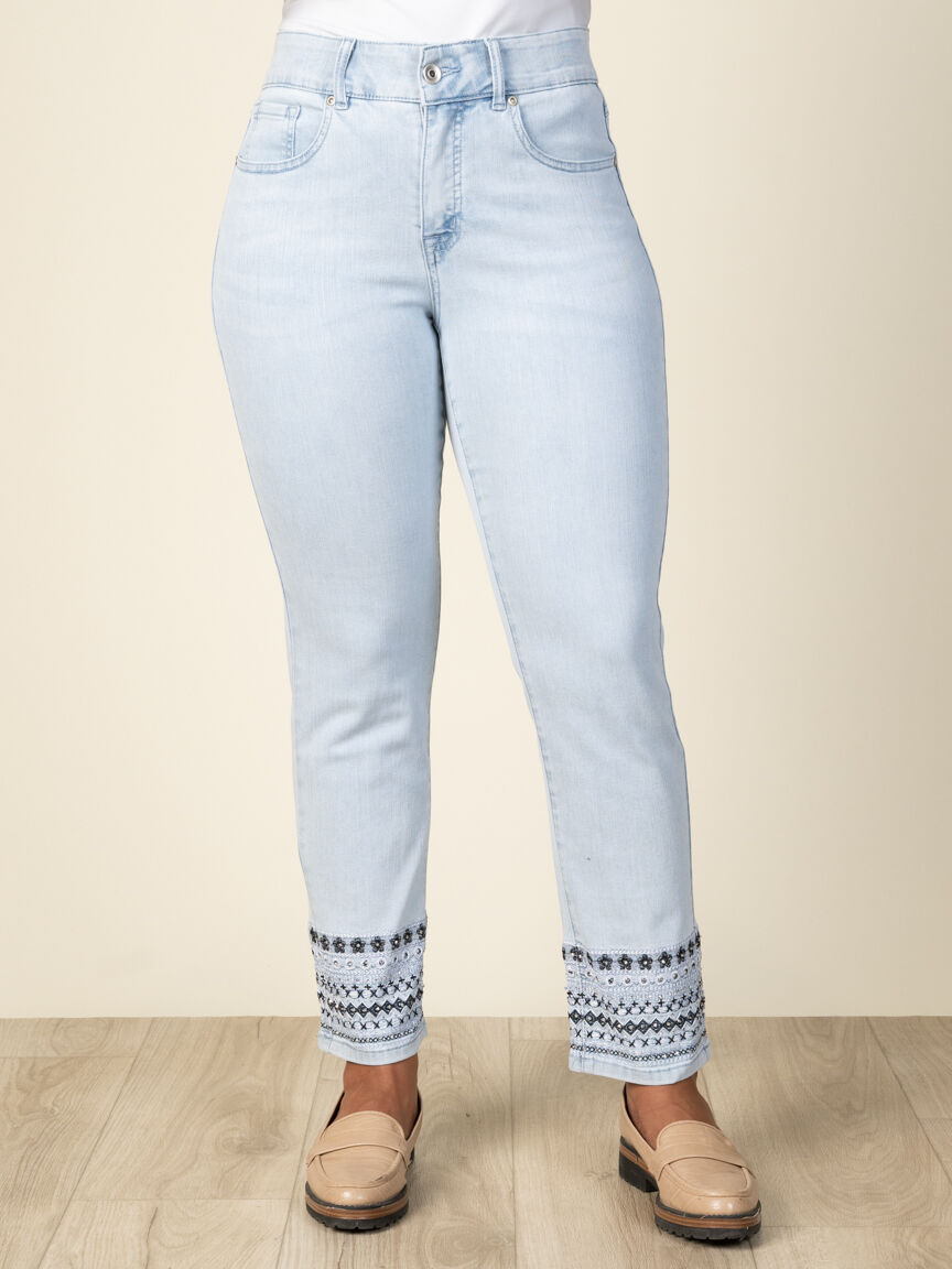 Denim 5 Pocket Pants With Embellishments, Denim