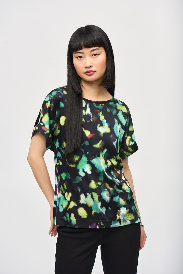 Satin Front Abstract Print Short Sleeve Top Image 1