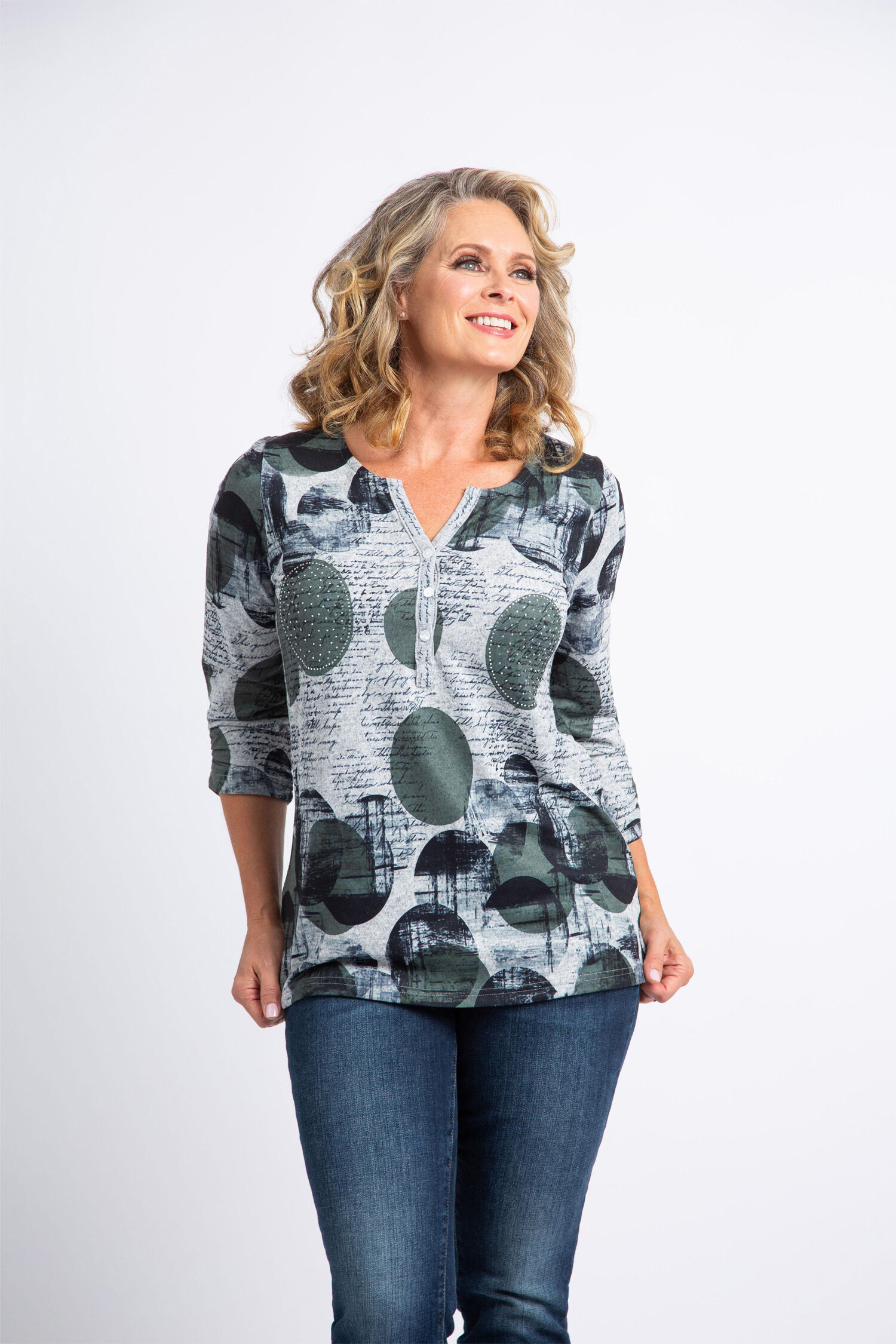 &frac34; Sleeve Henley Neck Top  Image 2