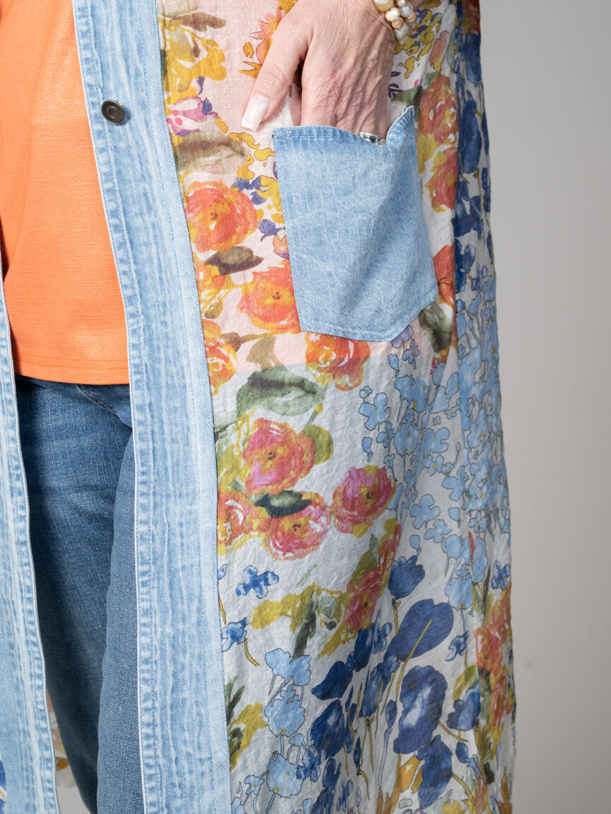 Long Denim Trim Cardigan