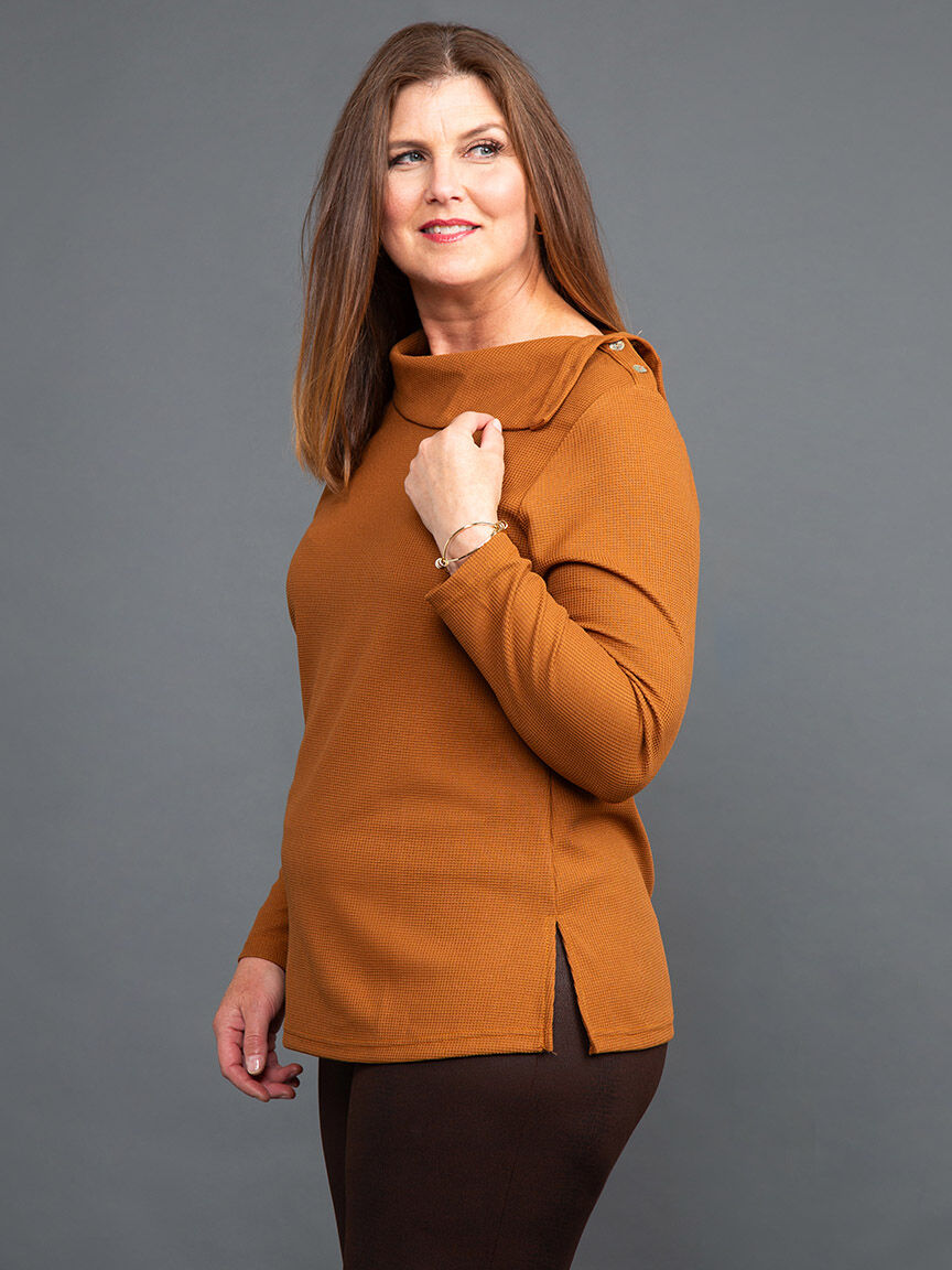 Waffle Knit Mock Neck Top w/ Buttons Image 3