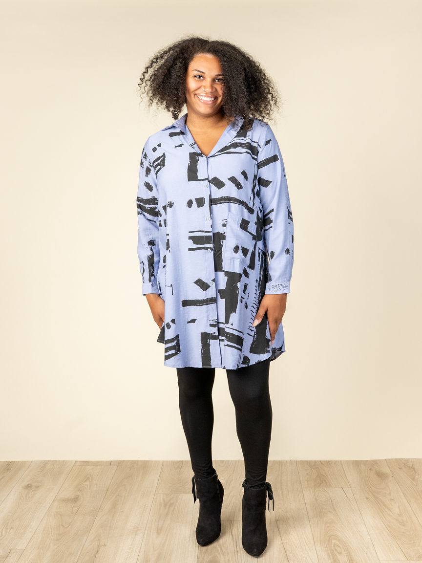 3/4 Sleeve Printed Button-Up Tunic