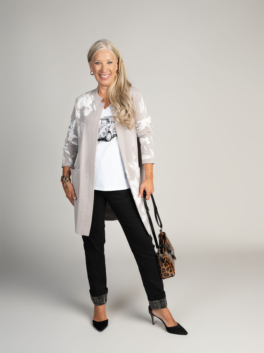 Long Open Front Floral Cardigan