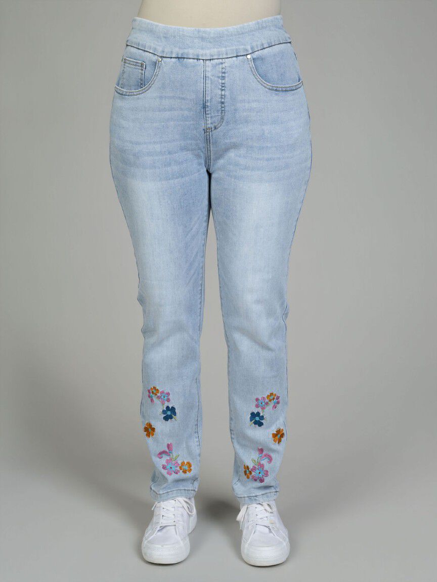 Straight Leg Pull-On Embroidered Denim Jeans