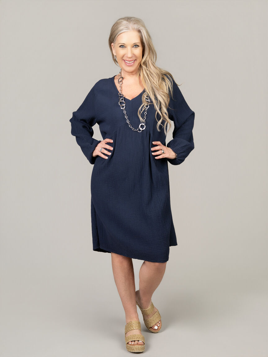 Long Sleeve Knee Waffle Cotton Dress