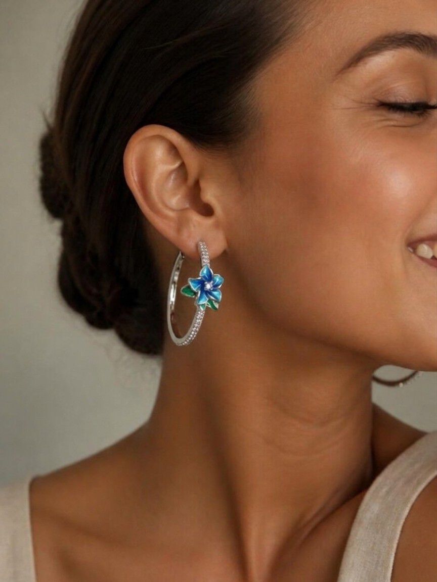 Diamond Hoop Earrings with Blue Flower Image 1