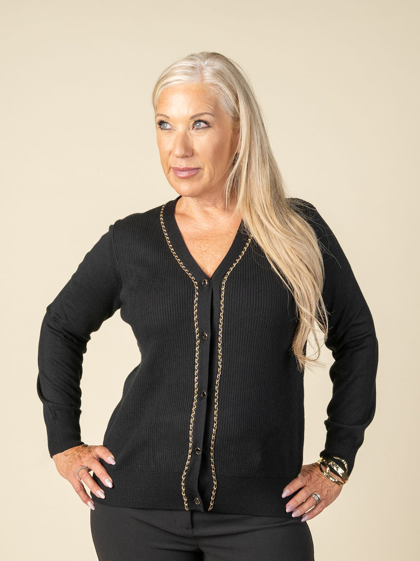 Long Sleeve Gold Trim Button Up Cardigan