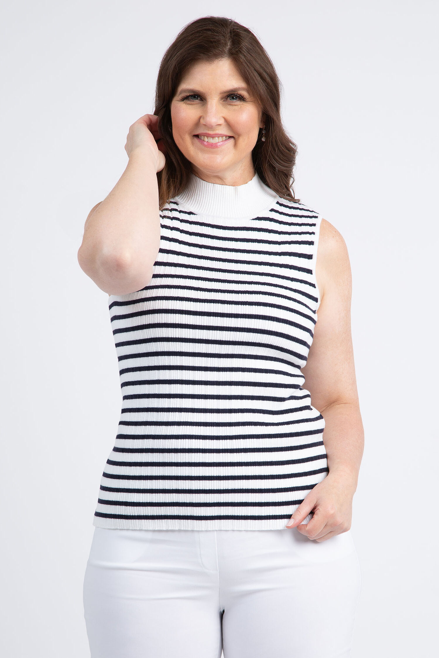 Striped Sleeveless Mock Neck Sweater Image 1