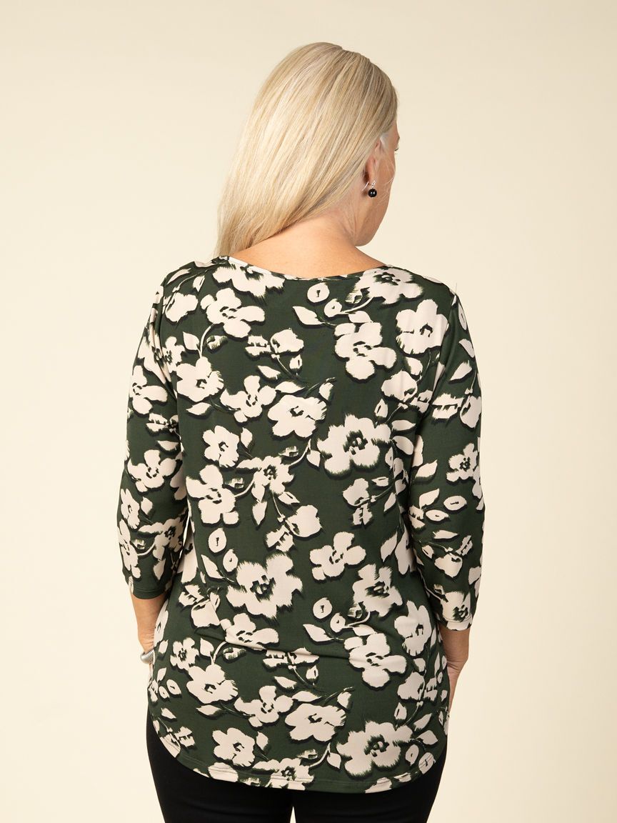 3/4 Sleeve Floral Top With Keyhole Detail