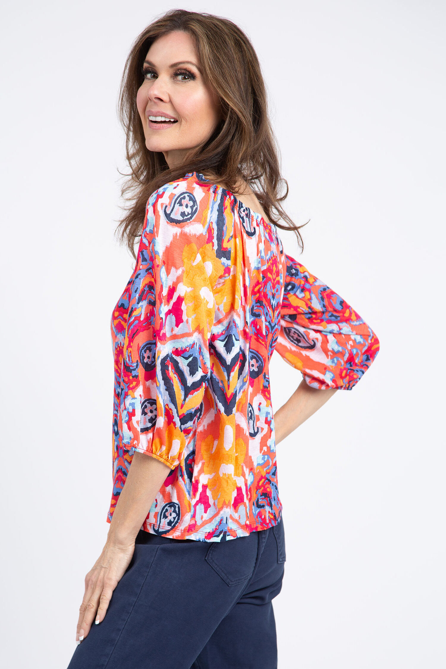 Shirred &frac34; Sleeve Peasant Top Image 3