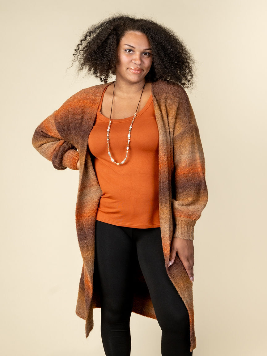 Boucle Space Dye Puff Sleeve Long Cardigan