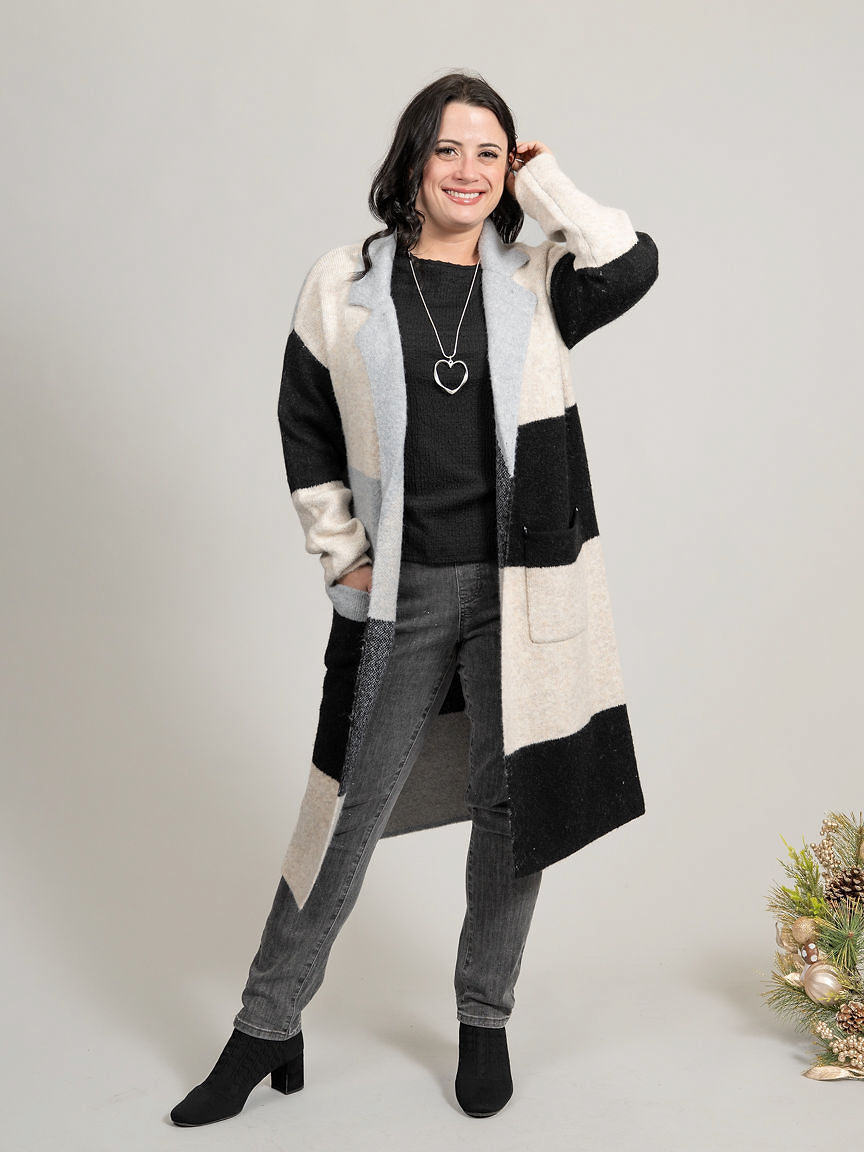 Color Block Open Front Long Cardigan