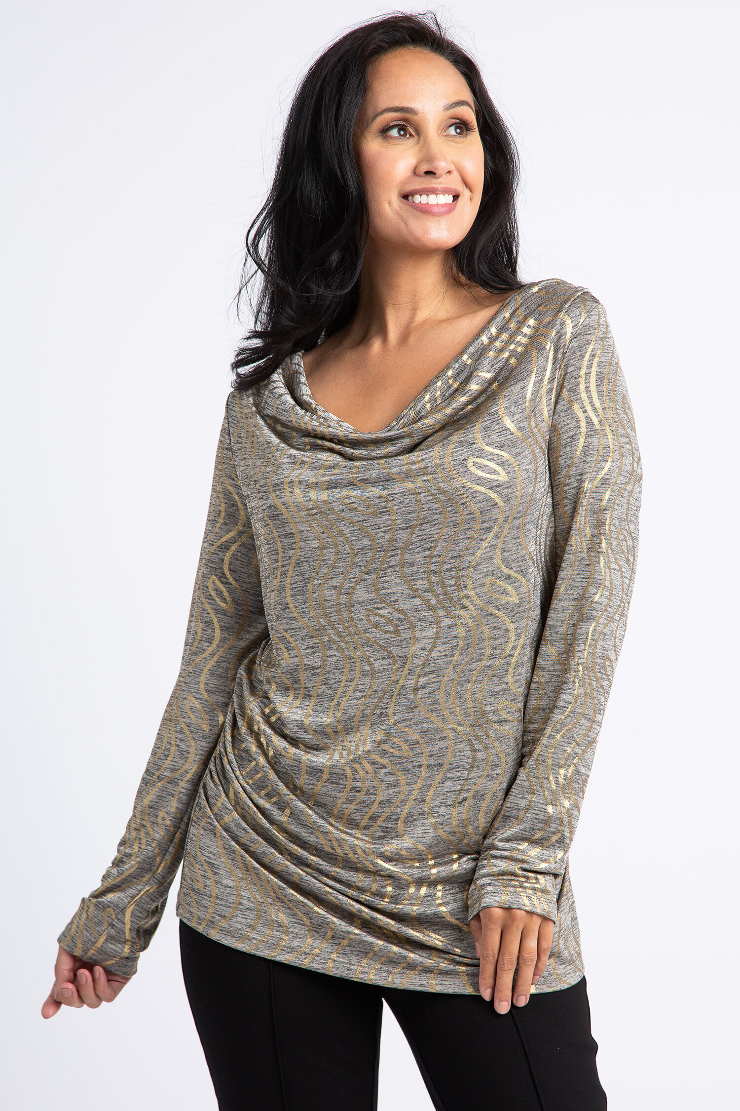 Long Sleeve Drape Neck Metallic Top Image 3