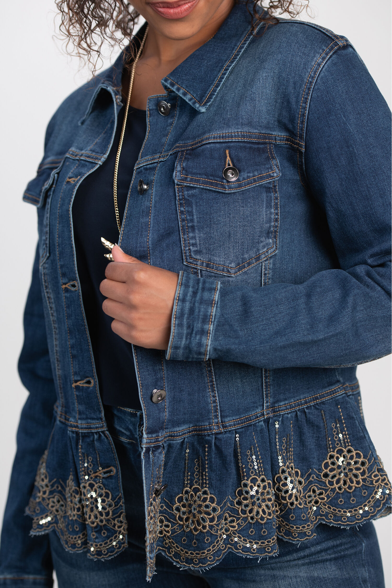 Scallop Hem Embellished Denim Jacket  Image 3