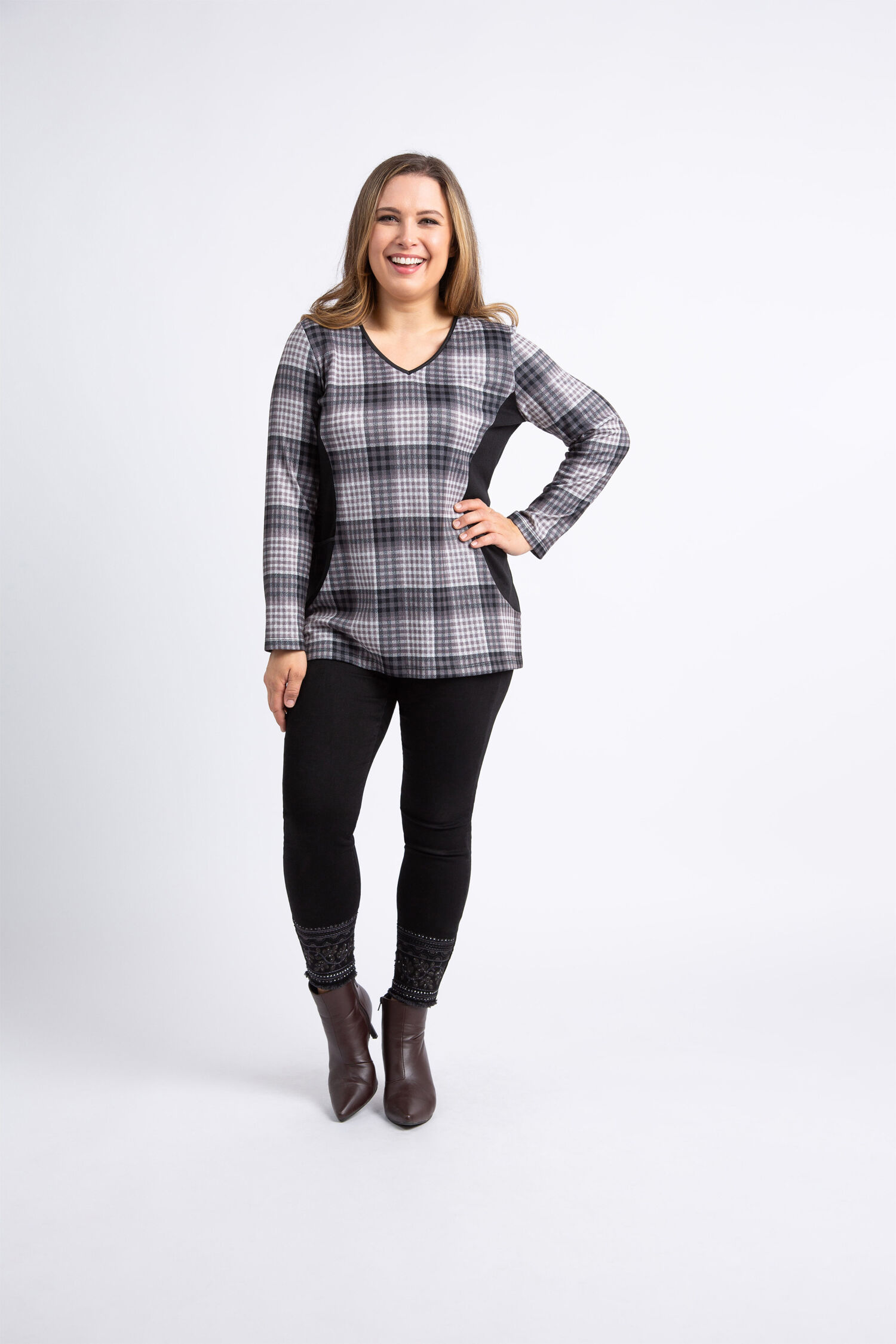 V-Neck Plaid Top w/ Pockets  Image 1