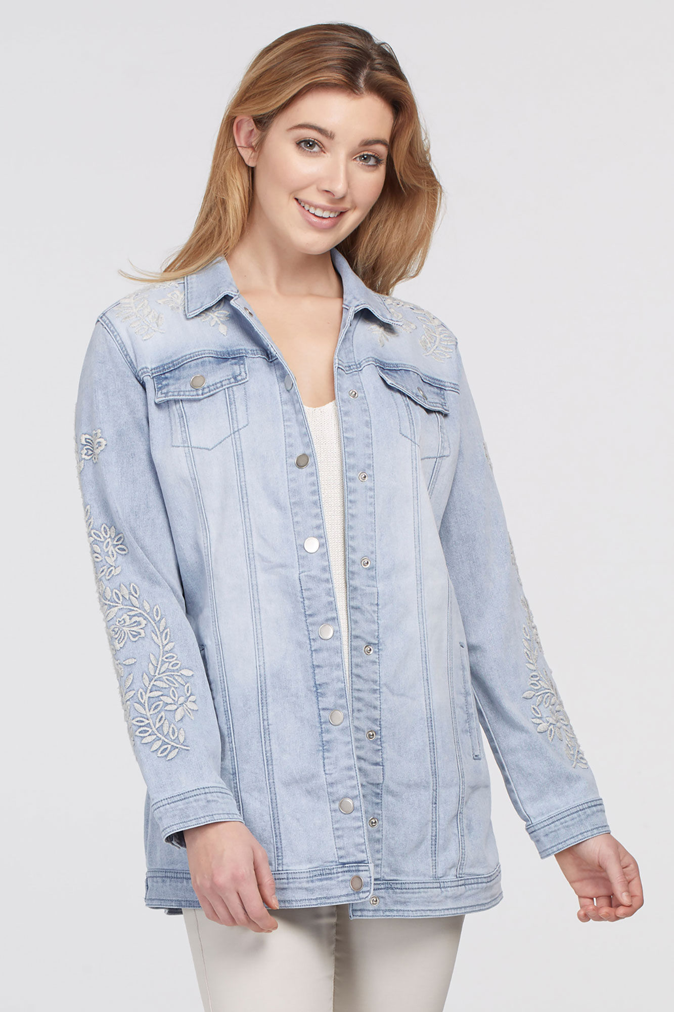 Ivory-Floral Embroidery Denim Jacket Image 3