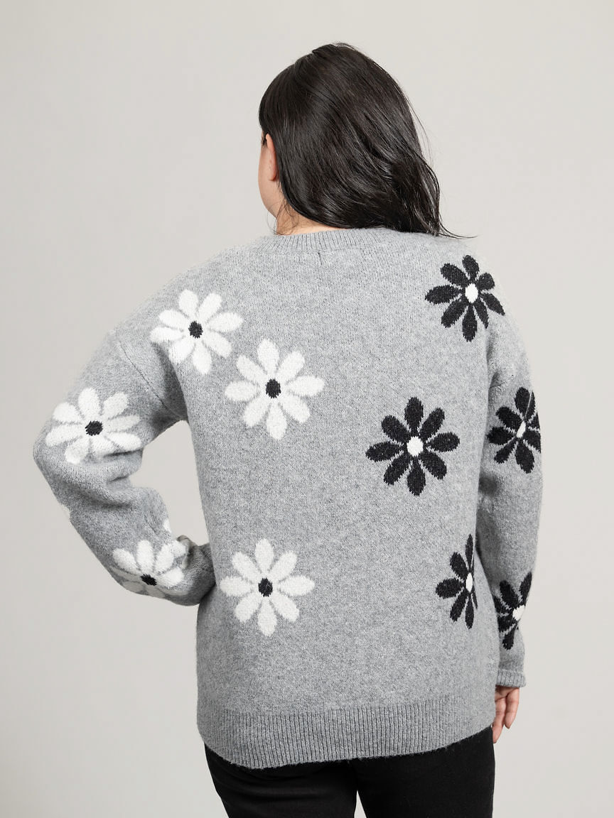 Long Sleeve Knit Crew Neck With Floral Motifs
