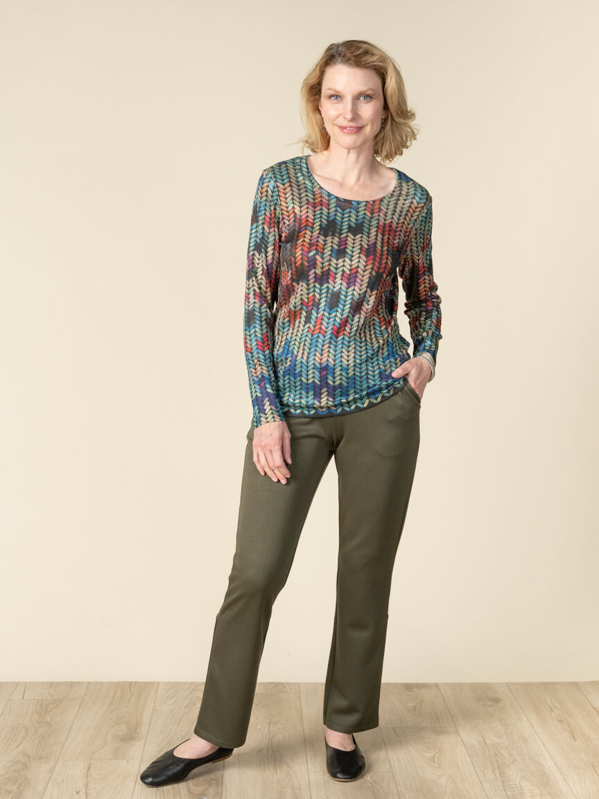 Long Sleeve Scoop Neck Colorful Pattern Top