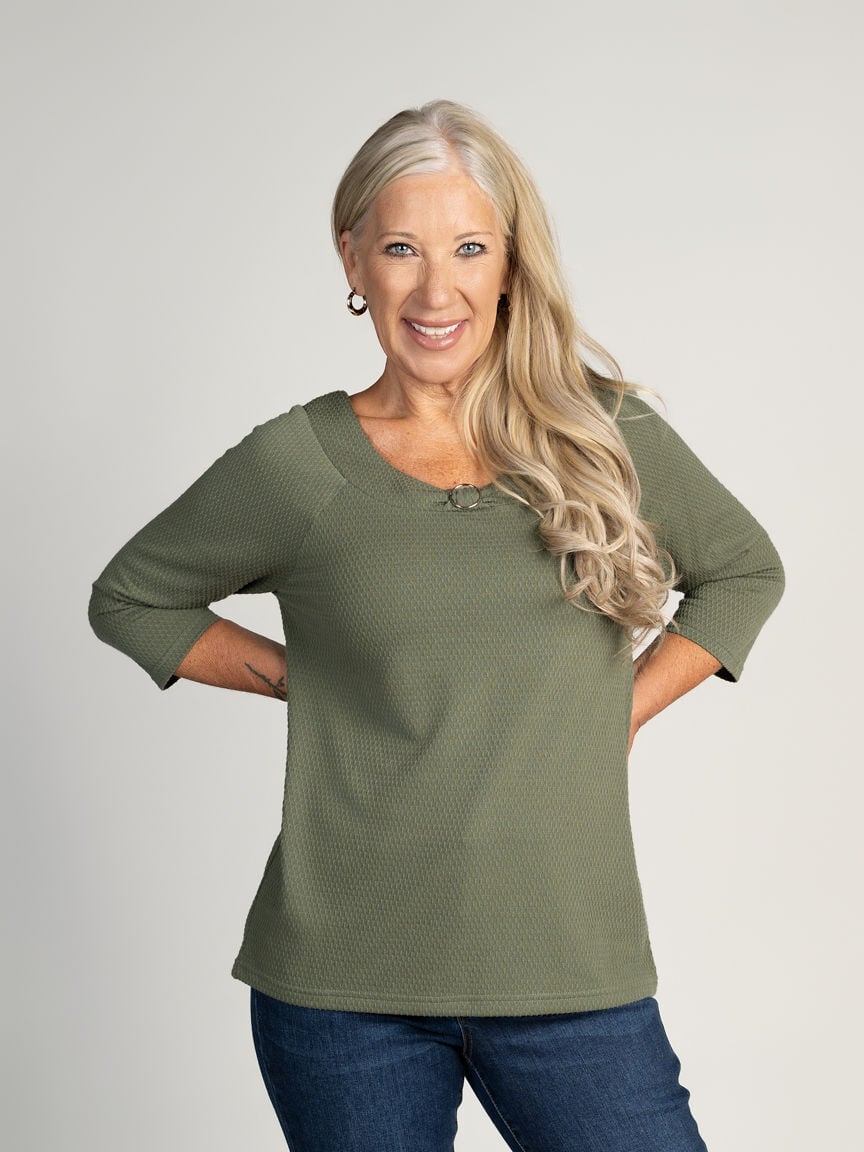 3/4 Sleeve Textured Knit top with round neckline and Silver ring Image 1