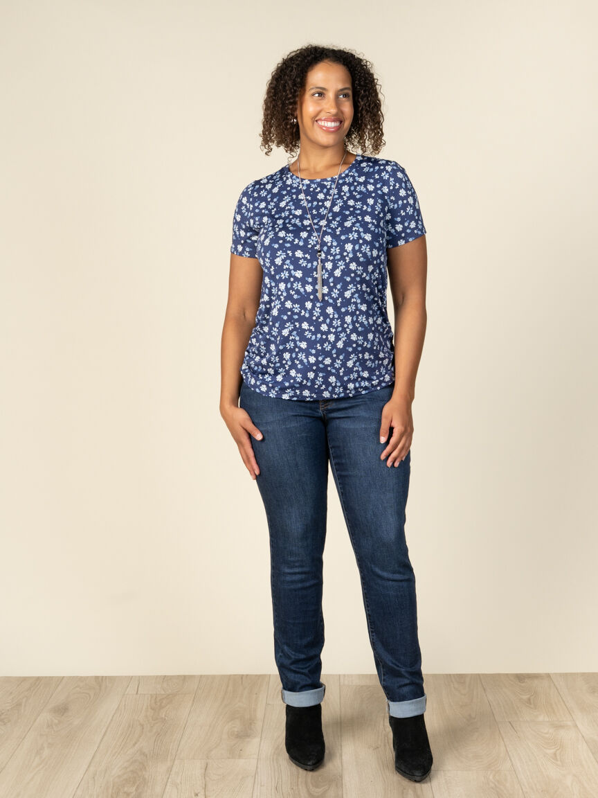 Short Sleeve Floral Top with Side Ruching