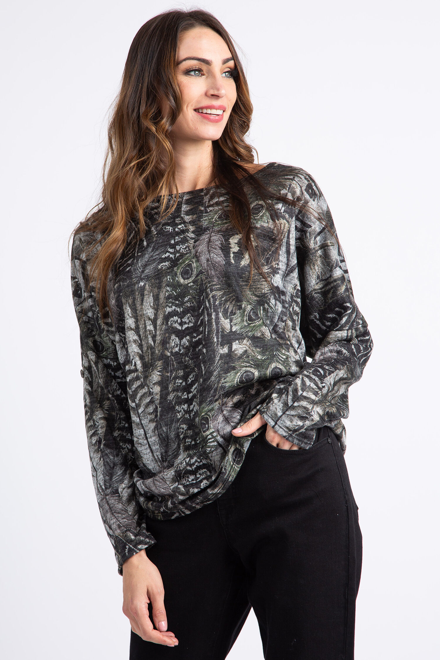 Peacock Print Roll-Tab Sleeve Top Image 1