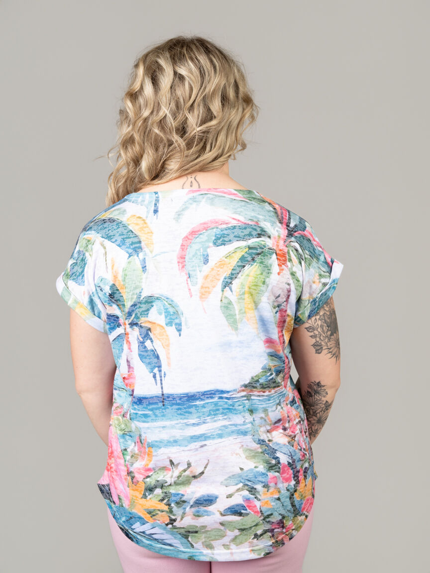 Beach Print Rolled Short Sleeve Top