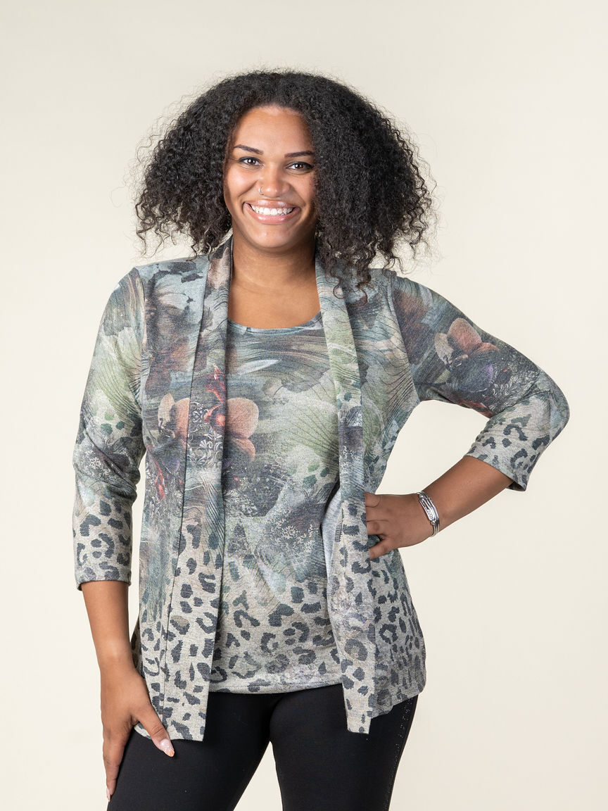 3/4 Length Sleeve Top With Built In Cardigan 