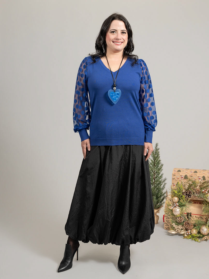 Black V-Neck Sweater w/ Sheer Polka Dot Sleeves