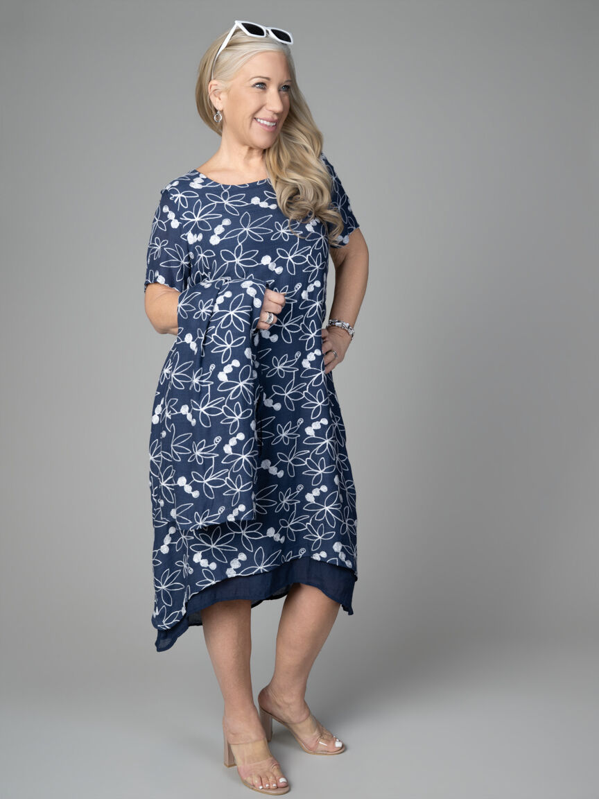 Embroidered Floral Midi Dress with Layered Hem