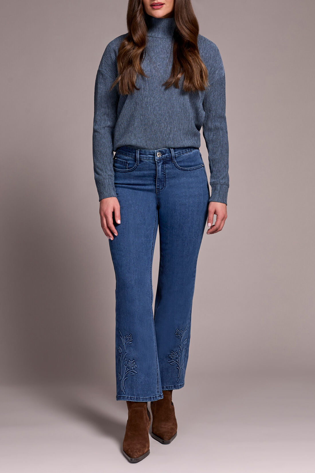 Audrey High Rise Kick Flare Jeans w/ Embroidered Detail