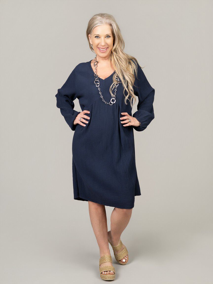 Long Sleeve Knee Waffle Cotton Dress