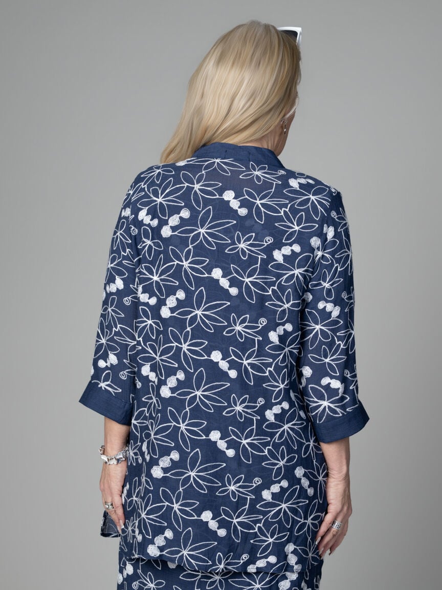 Sheer 3/4 Sleeve Open-Front Kimono with Floral Embroidery