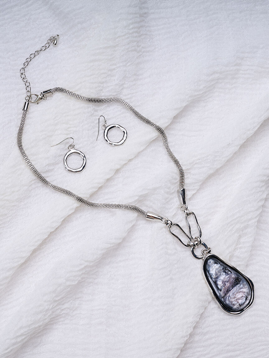 Silver Plated Necklace and Earring Set with Resin Pendant 