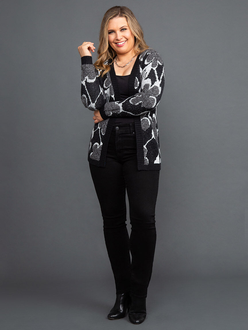 Open Front Knit Cardigan w/ Boucle Flowers Image 1