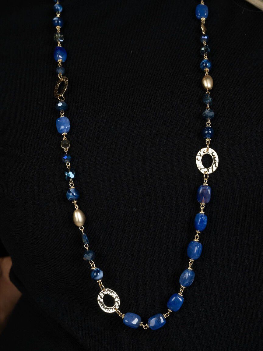 Long Blue & Gold Beaded Necklace Set
