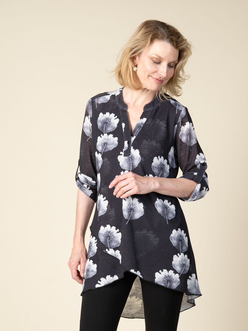 3/4 Sleeve High Low Mesh Tunic with Adjustable Sleeve