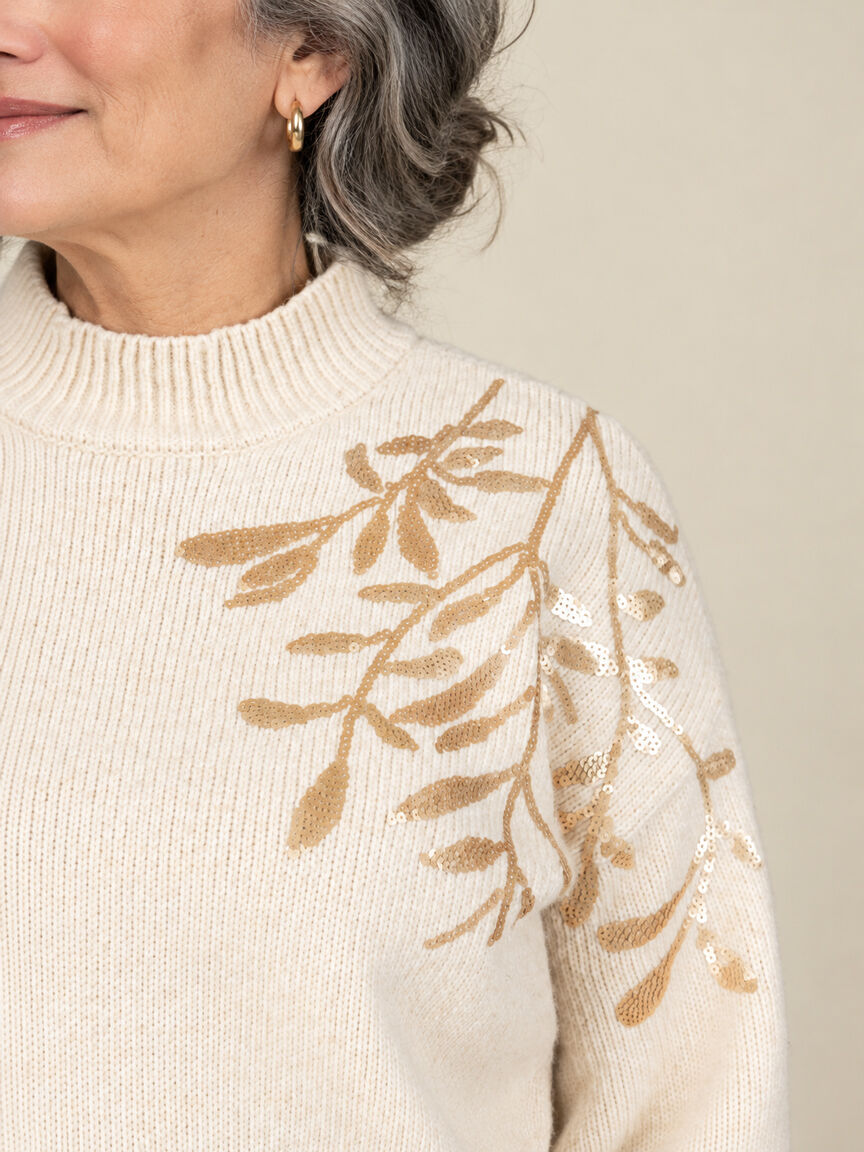 Sequin Floral Applique Mock Neck Sweater
