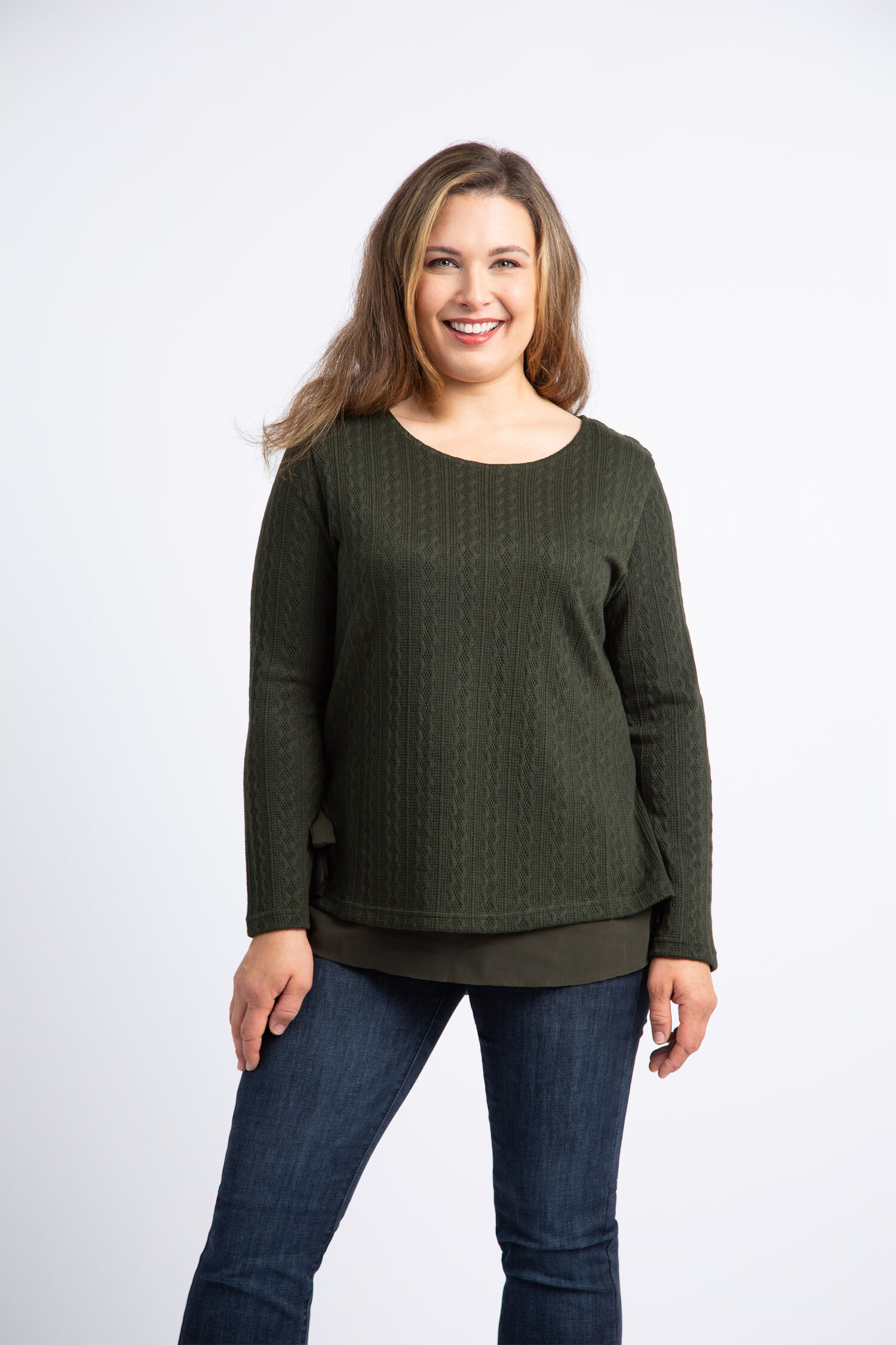 Cable Knit Sweater w/ Chiffon Underlay  Image 2