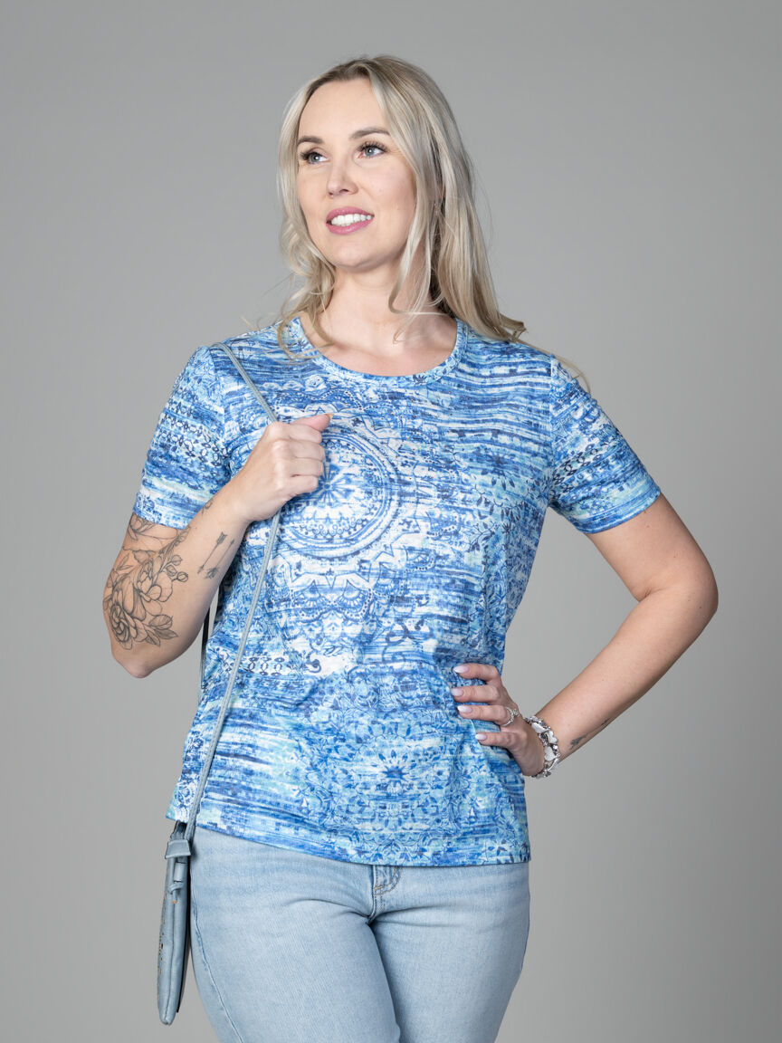 Short Sleeve Vintage Print Top With Hotfix