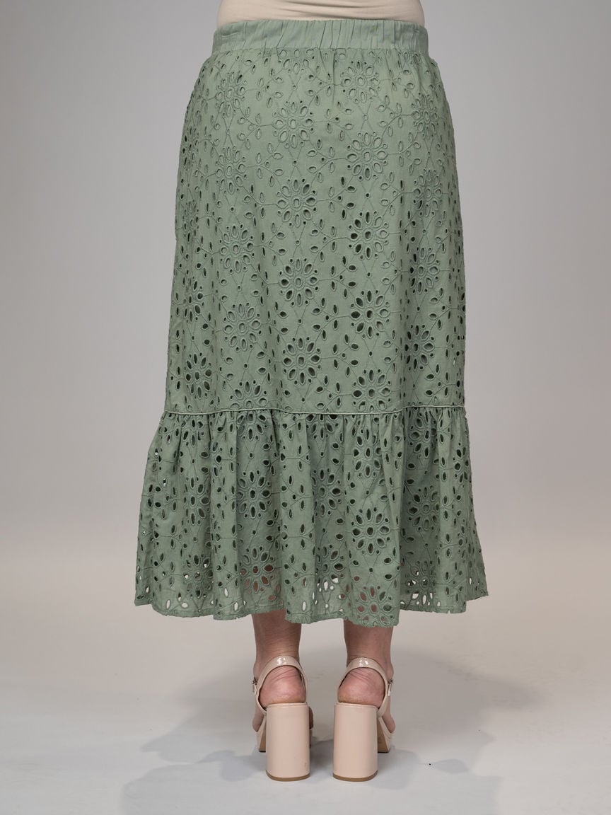 Pull-On Midi Skirt With Floral Eyelet Embroidery