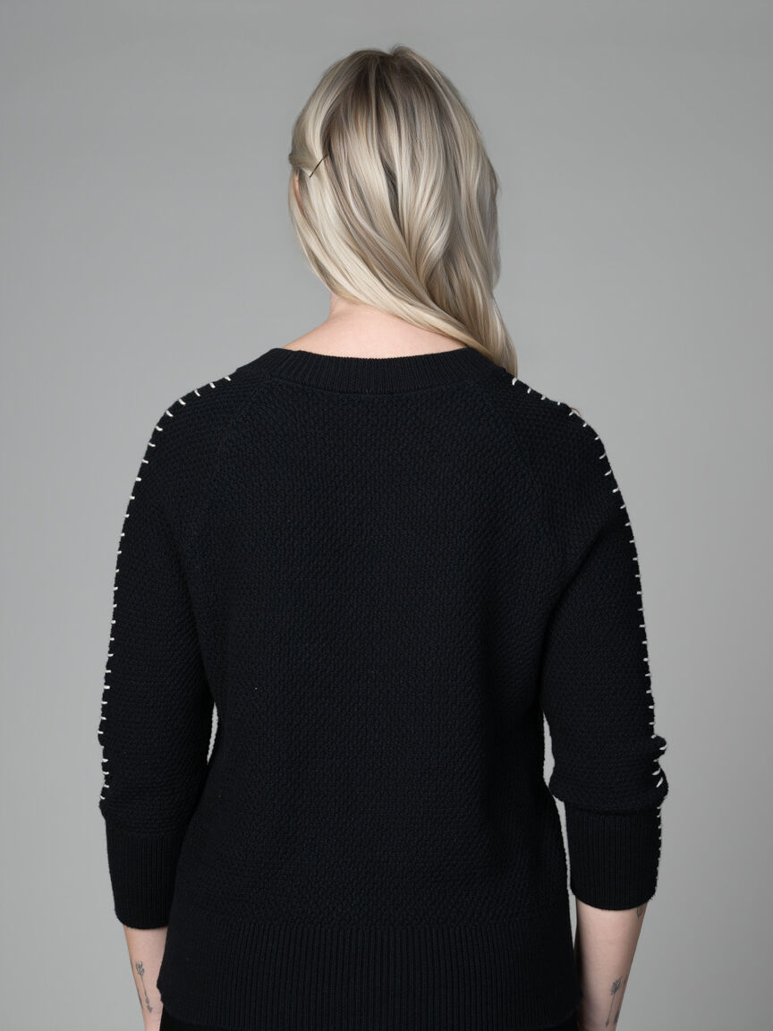 Knit Sweater with Floral Embroidery & Shoulder Stitch Detail