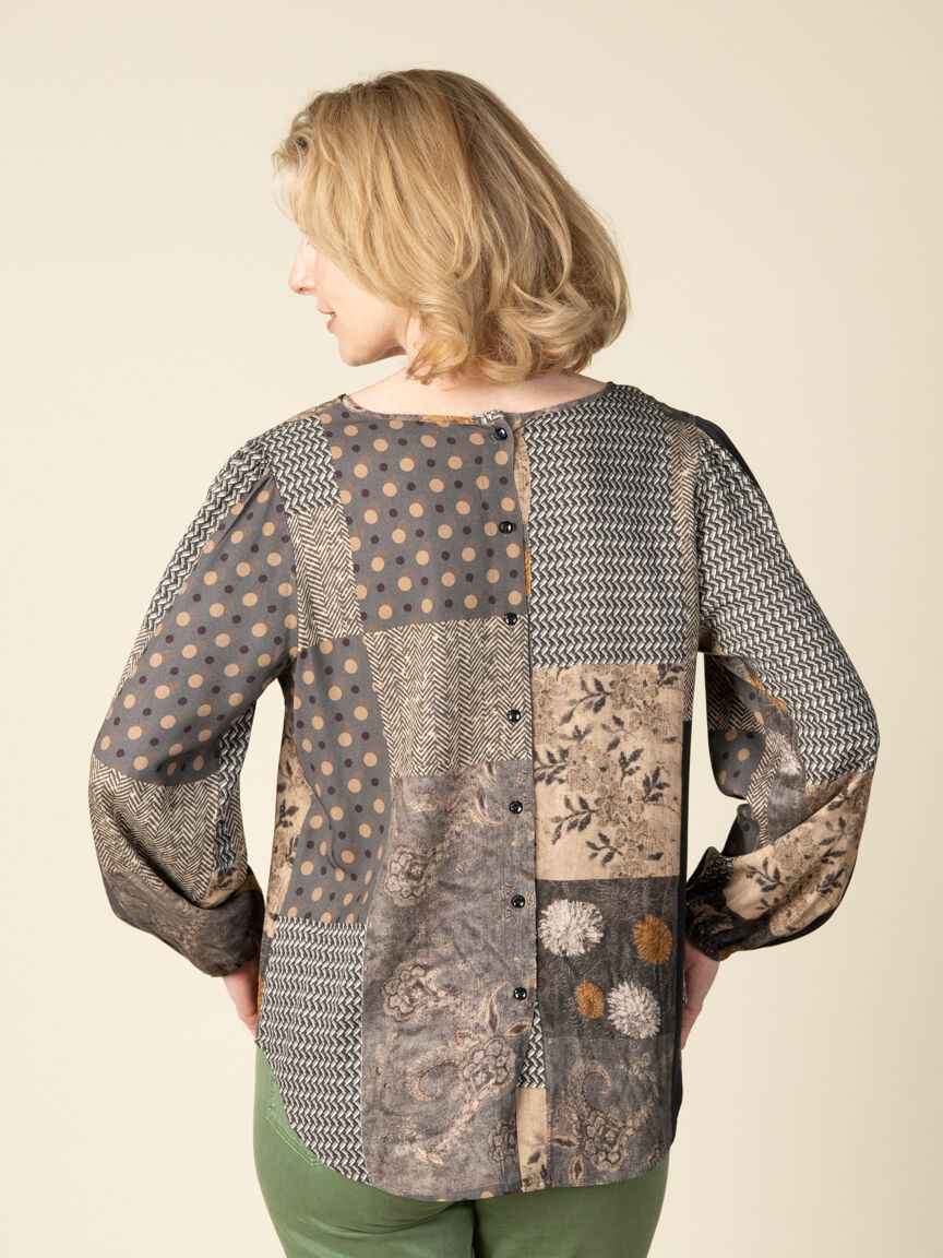 Long Sleeve Button Back Patchwork Top