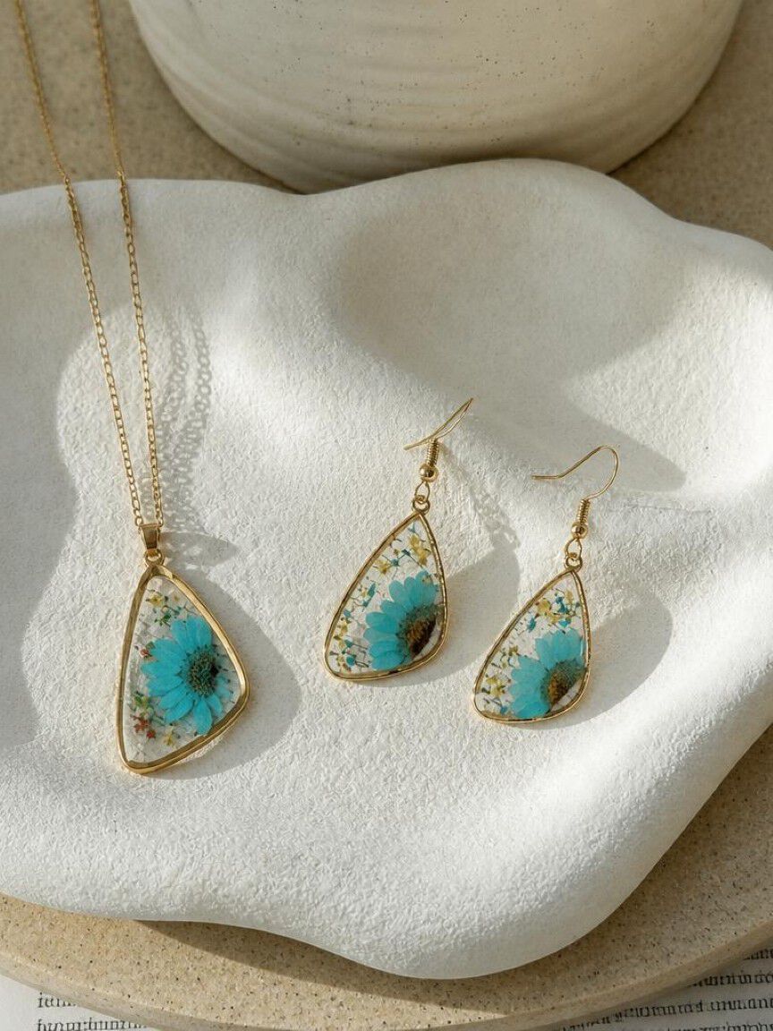Teal Resin Flower Earrings