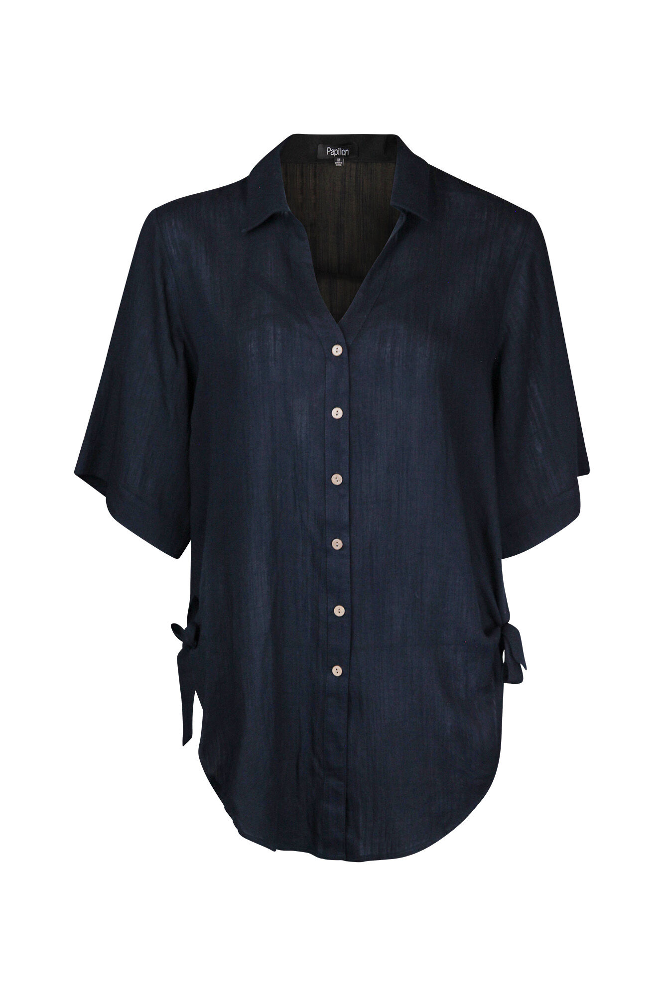 Button Front Blouse with Side Ties Hi-Lo Hem Image 1
