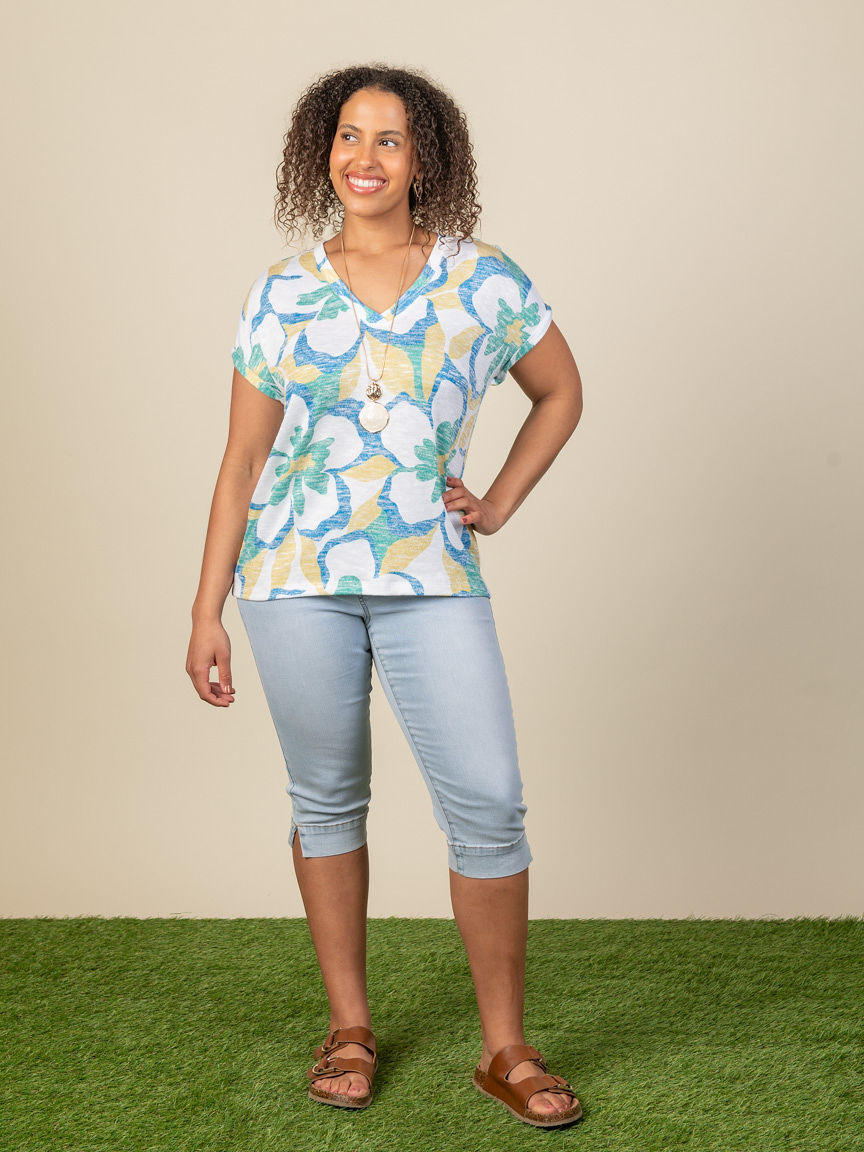 Printed Hatchi Cap-Sleeve V-Neck Top With Ladder Tape Detail Image 4