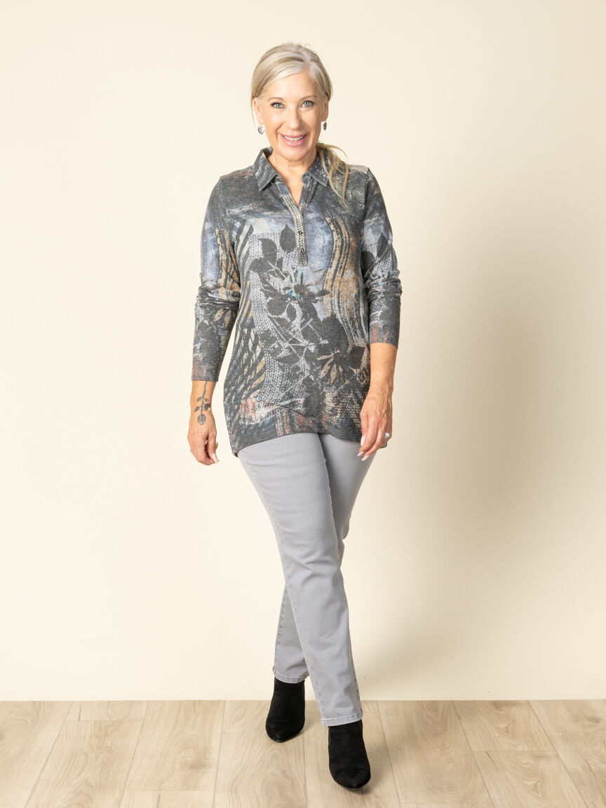 Long Sleeve Printed Polo Top